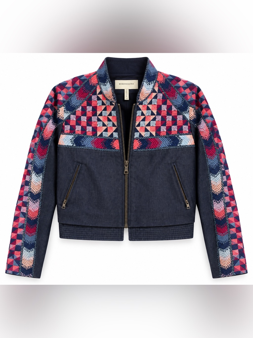 BCBGMaxAzria Navy Bomber Jacket with Pink and Blue Embroidered Panels
